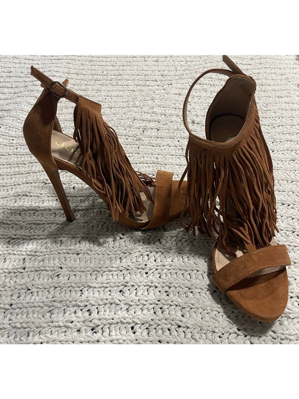 Liliana Fringe Heels Stiletto Sandals Women's Size 7.5 Brown Faux Suede Open Toe